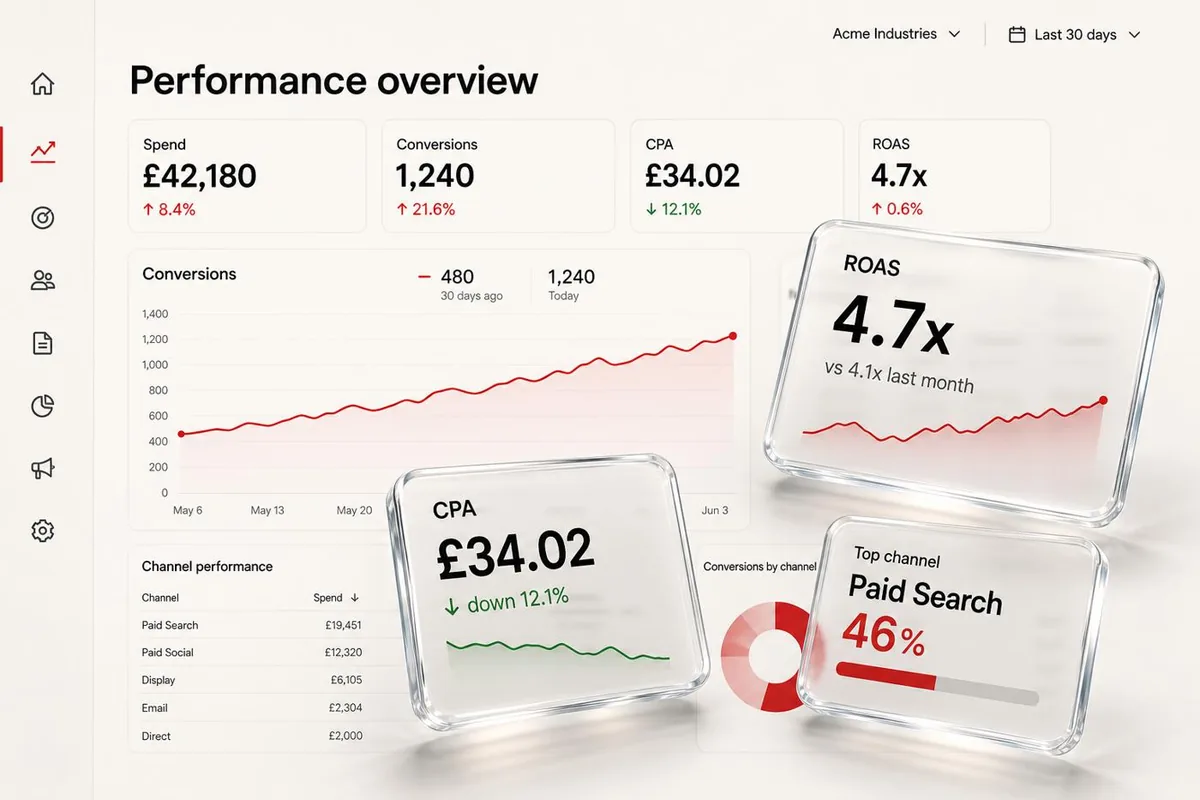 Regent OS performance dashboard showing spend, conversions, CPA and ROAS
