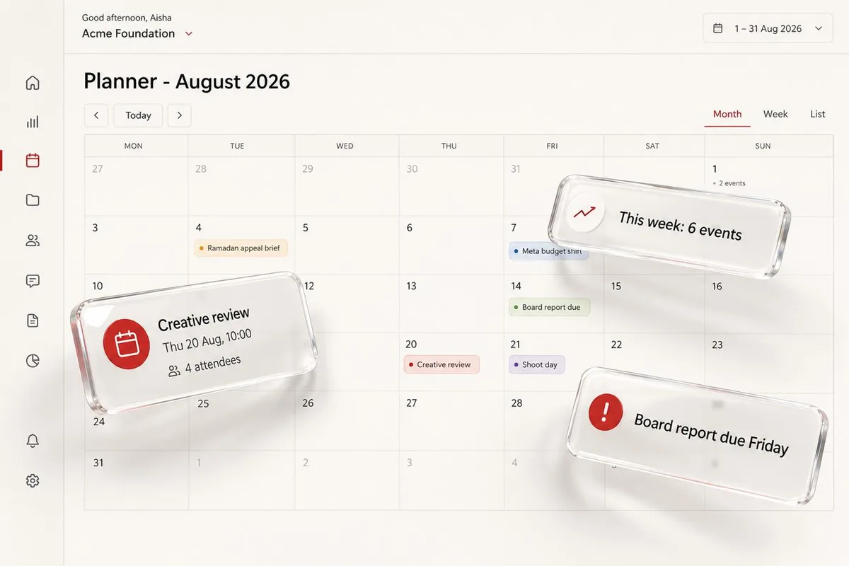 Regent OS monthly planner calendar with campaign events