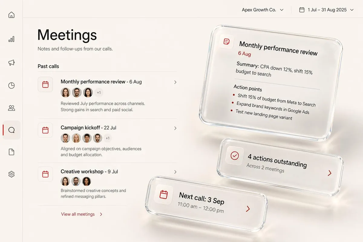 Regent OS meetings view: call notes, summaries and follow-up actions.